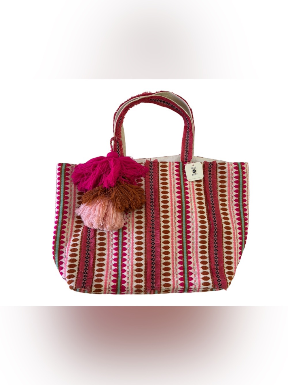 NWT B.A.B.E. Anchor Apparel Woven Tassel Tote Bag Pink Boho Geometric Fringe